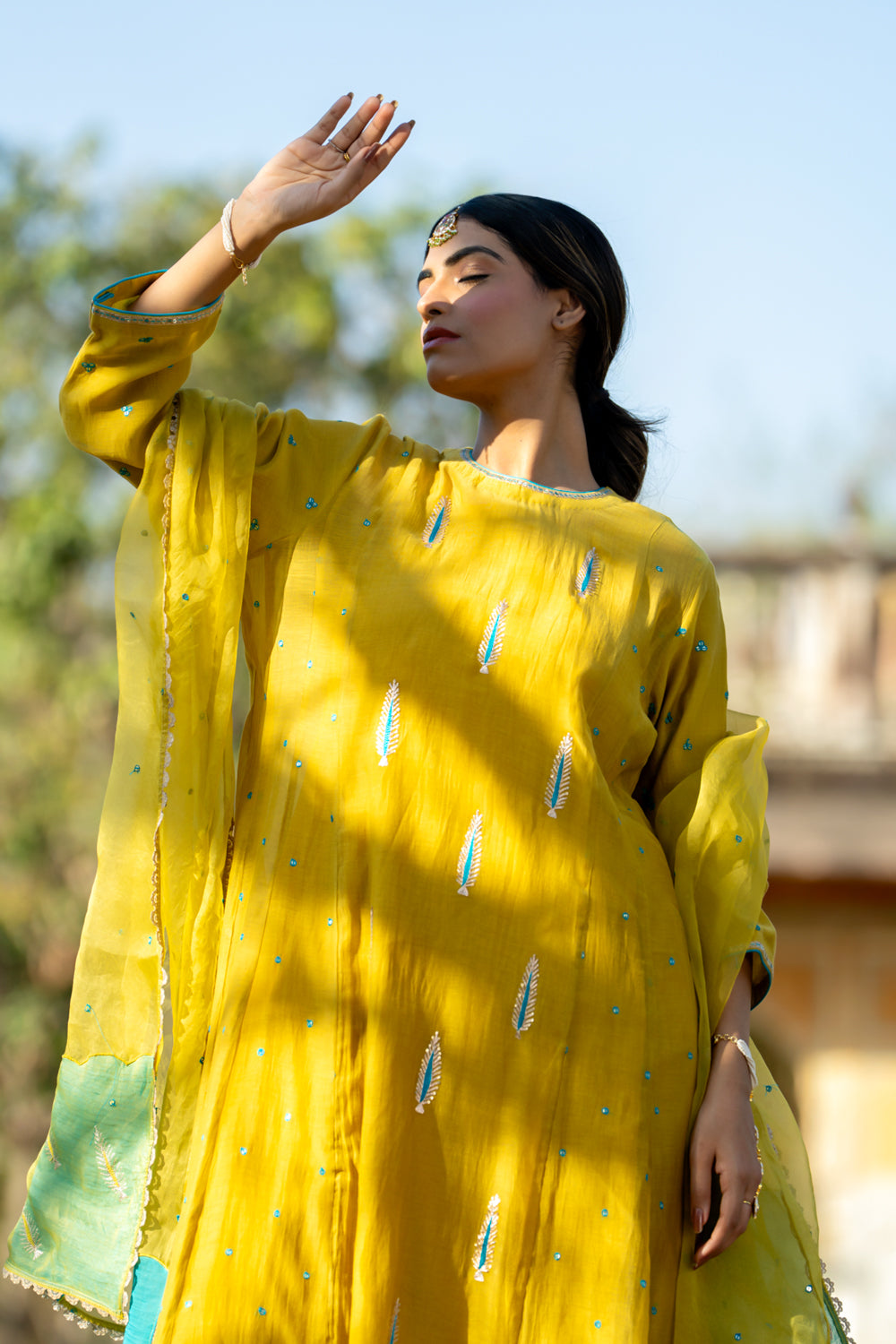 Mustard Khajur Booti Anarkali Suit Set