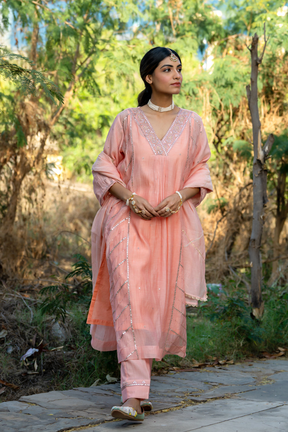 Pastel Peach Gota Patti A-line Kurta Set
