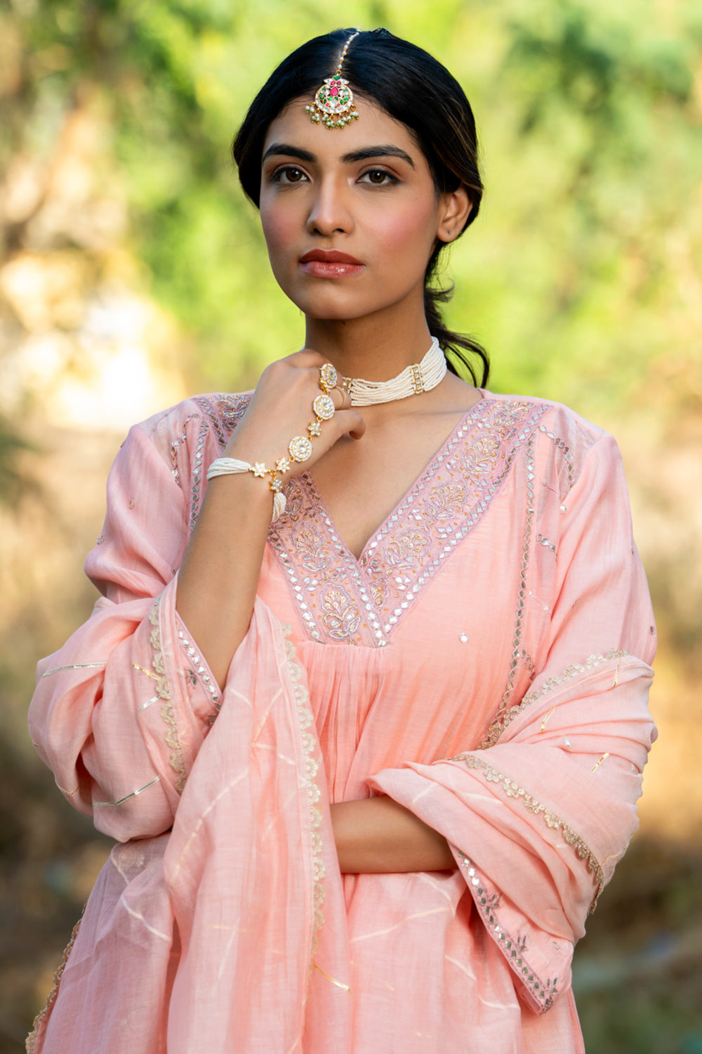 Pastel Peach Gota Patti A-line Kurta Set