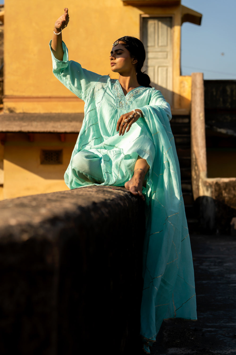Pastel Blue Gota Patti A Line Suit Set