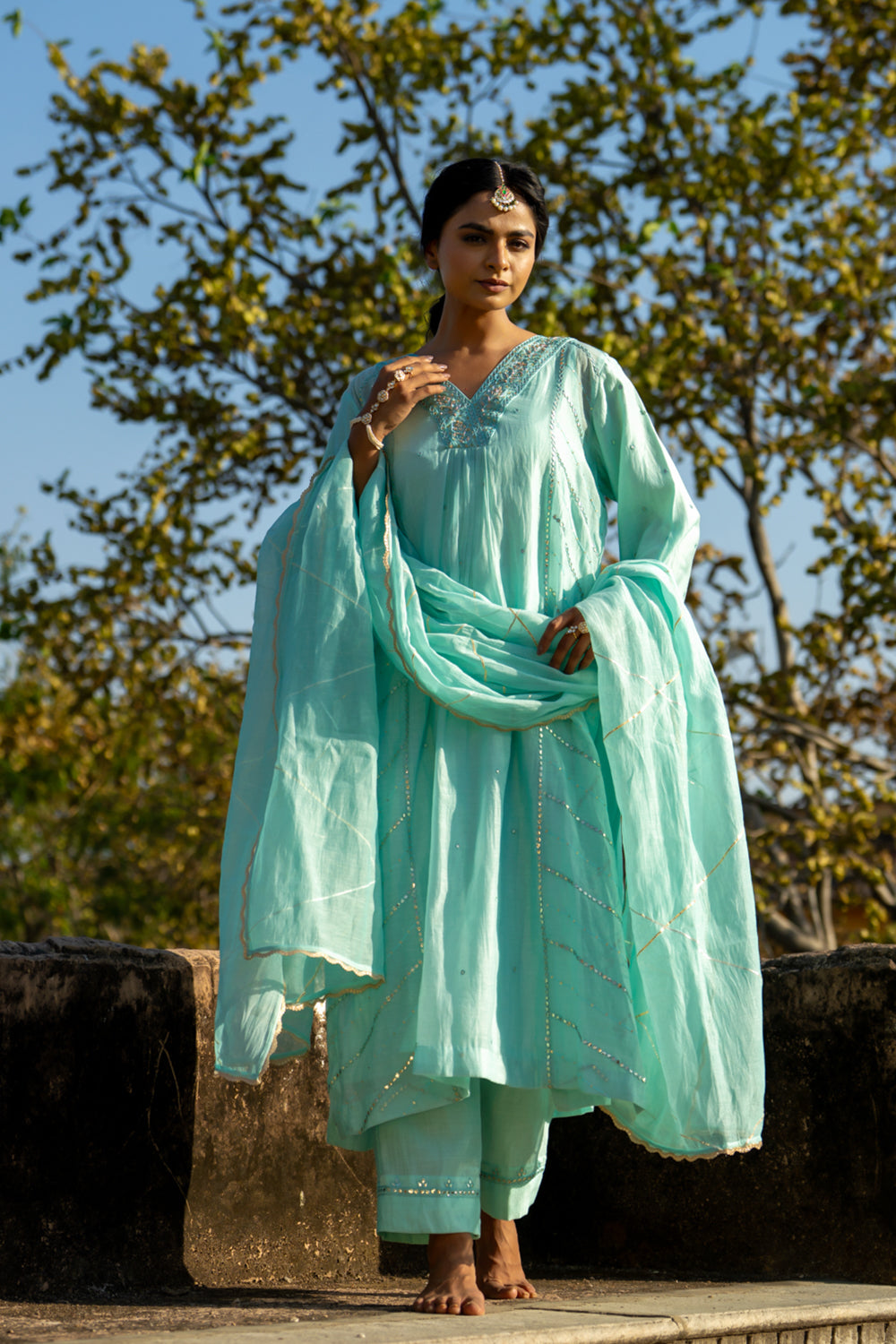 Pastel Blue Gota Patti A-line Kurta Set