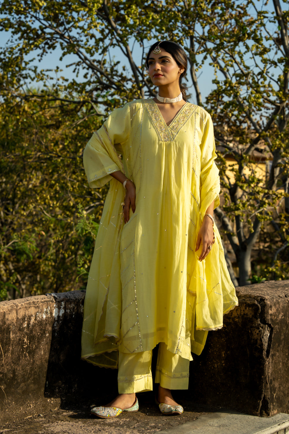 Pastel Yellow Gota Patti A Line Suit Set