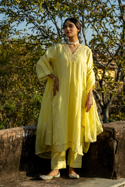 Pastel Yellow Gota Patti A Line Suit Set