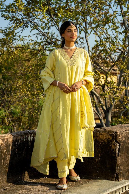 Pastel Yellow Gota Patti A Line Suit Set