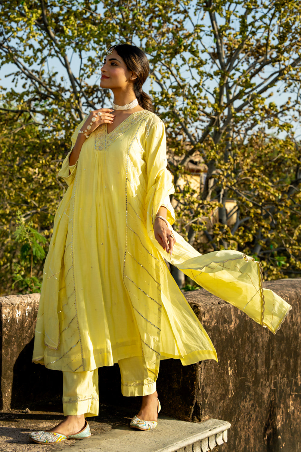 Pastel Yellow Gota Patti A Line Suit Set