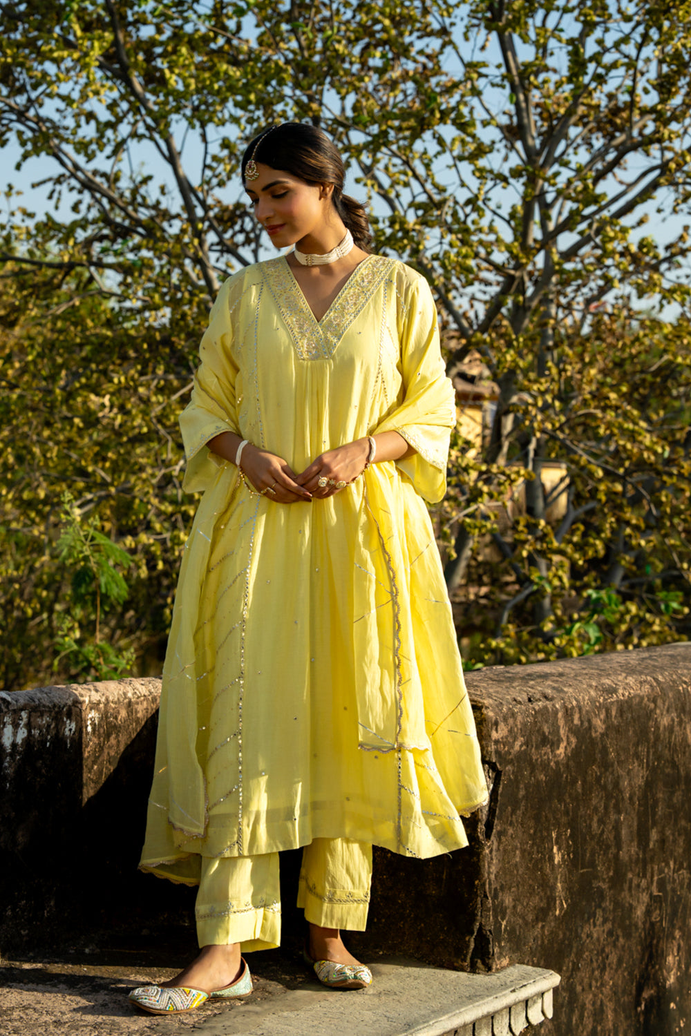 Pastel Yellow Gota Patti A-line Kurta Set