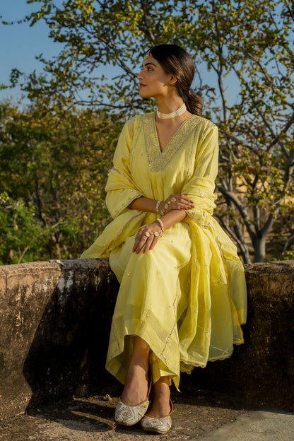 Pastel Yellow Gota Patti A Line Suit Set