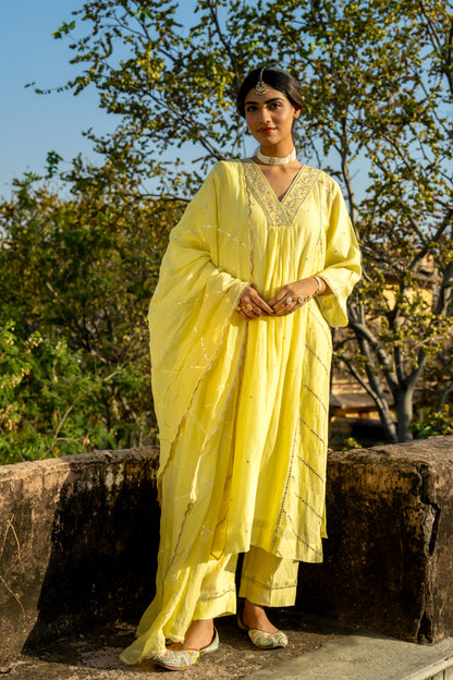 Pastel Yellow Gota Patti A Line Suit Set