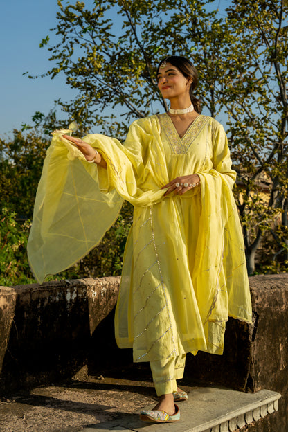 Pastel Yellow Gota Patti A Line Suit Set
