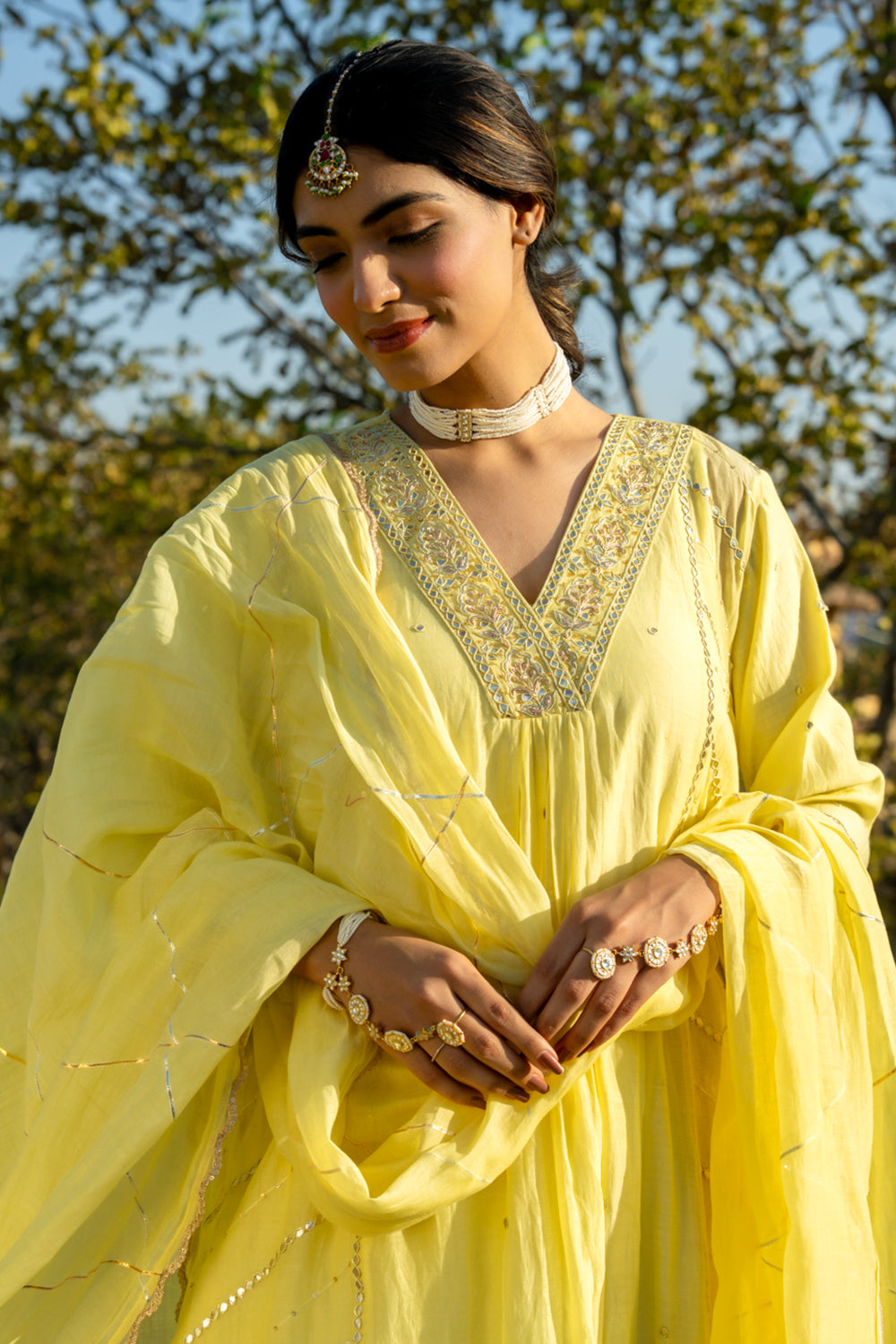 Pastel Yellow Gota Patti A Line Suit Set