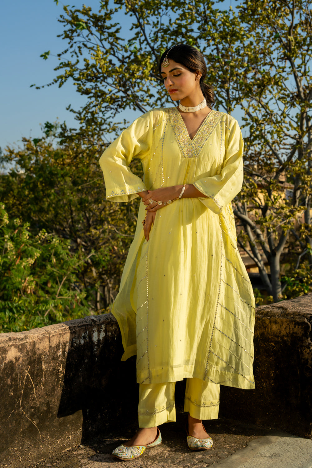 Pastel Yellow Gota Patti A-line Kurta Set