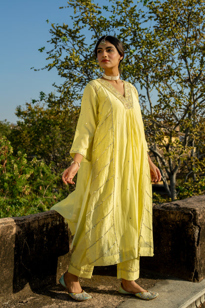 Pastel Yellow Gota Patti A Line Suit Set