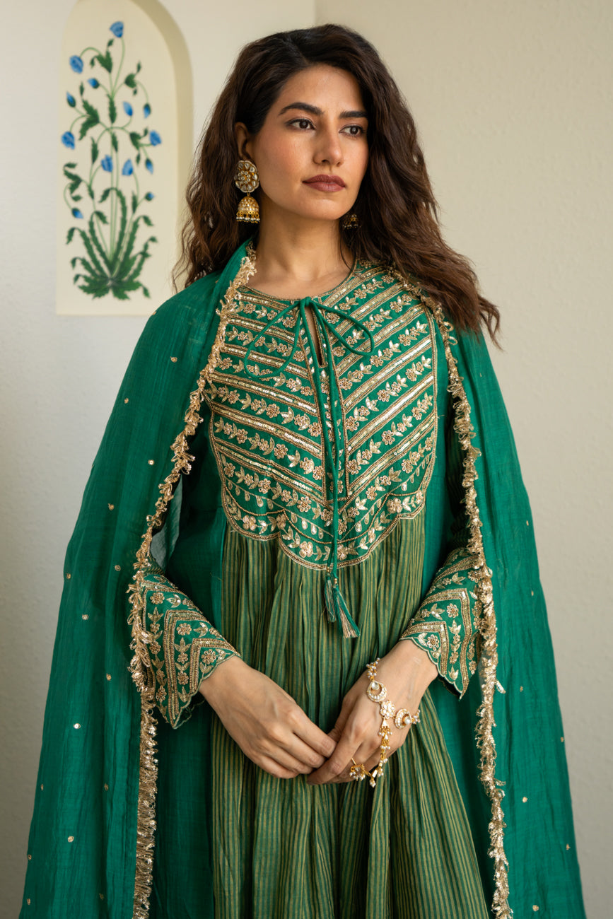 Green Tissue centre gathered A-line Kurta set