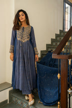 Mid night blue Tissue centre gathered A-line Kurta Set