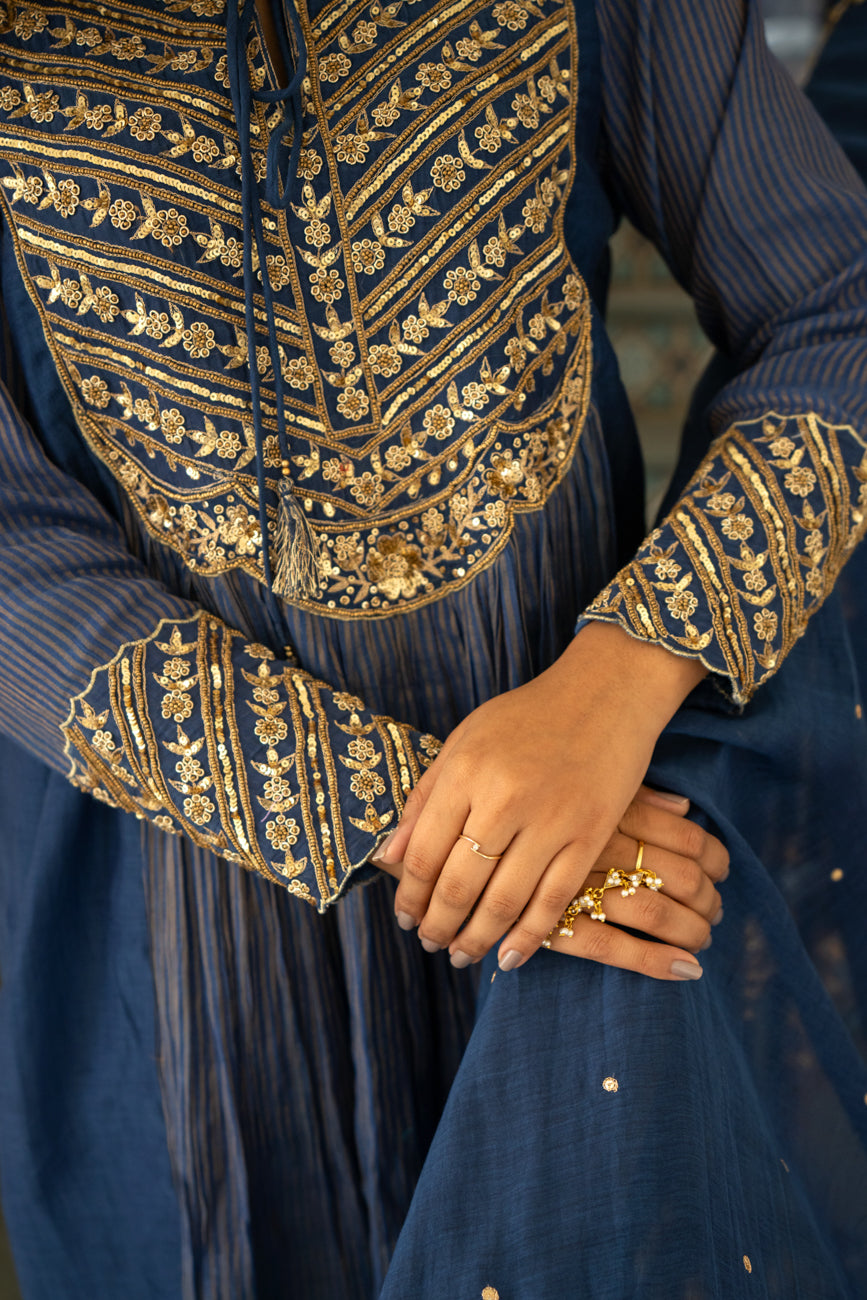 Mid night blue Tissue centre gathered A-line Kurta Set