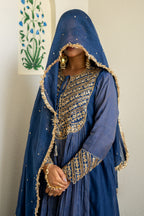 Mid night blue Tissue centre gathered A-line Kurta Set