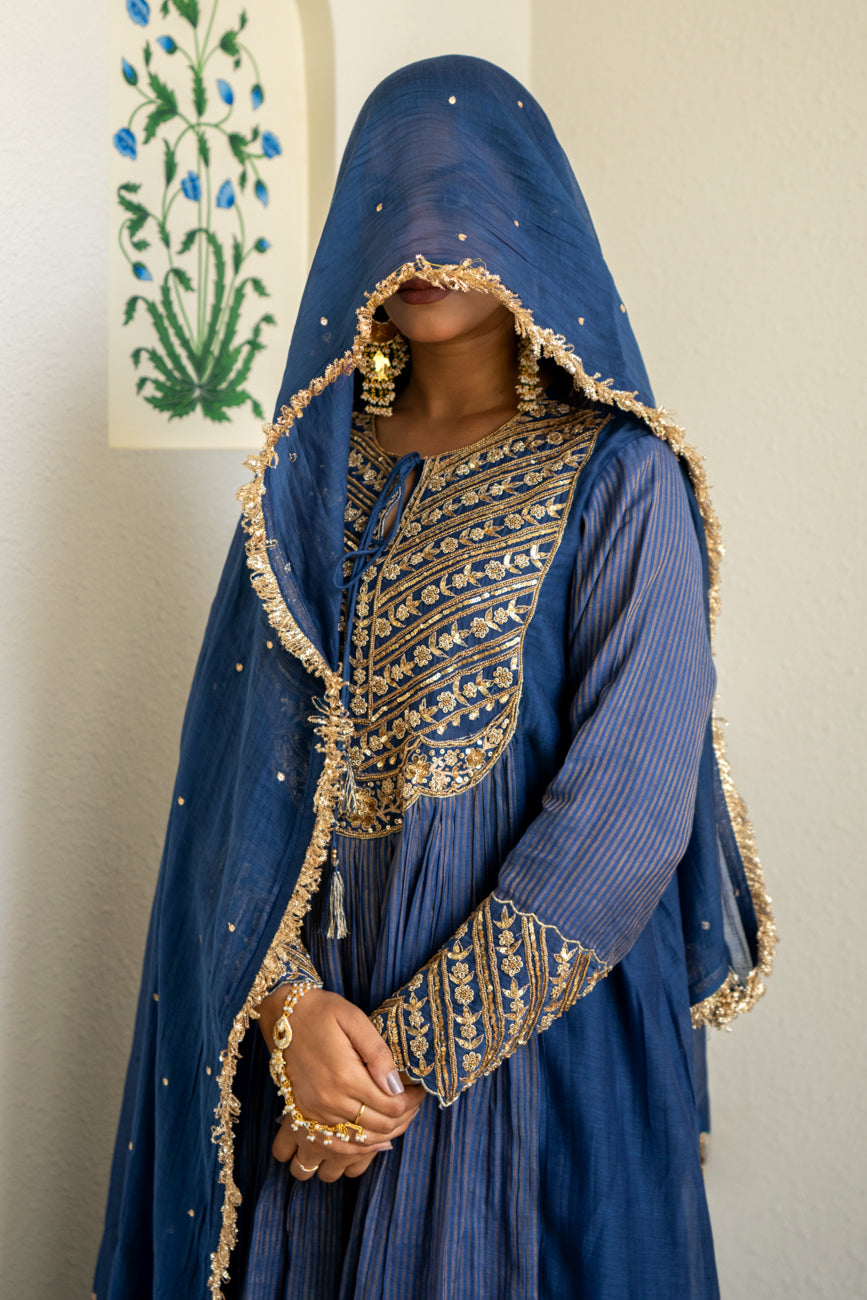 Mid night blue Tissue centre gathered A-line Kurta Set