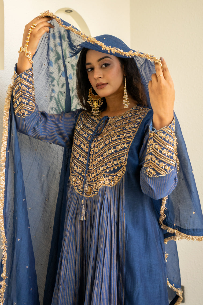 Mid night blue Tissue centre gathered A-line Kurta Set