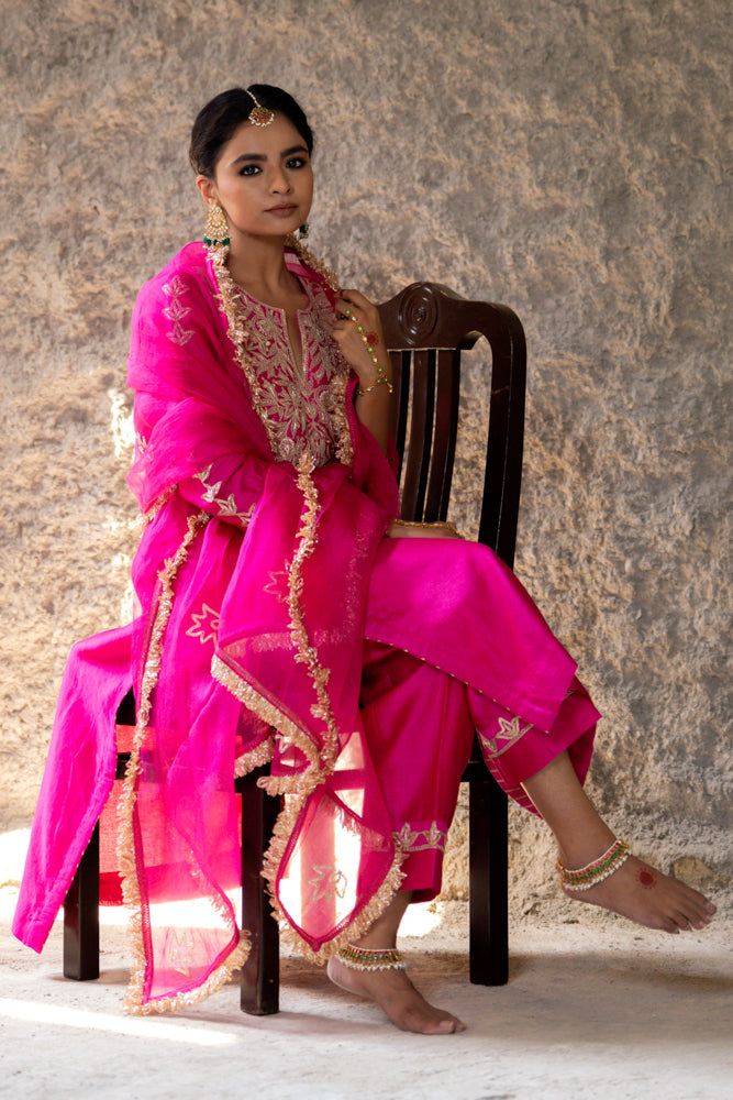 Magenta Marori Work Straight Kurta Set