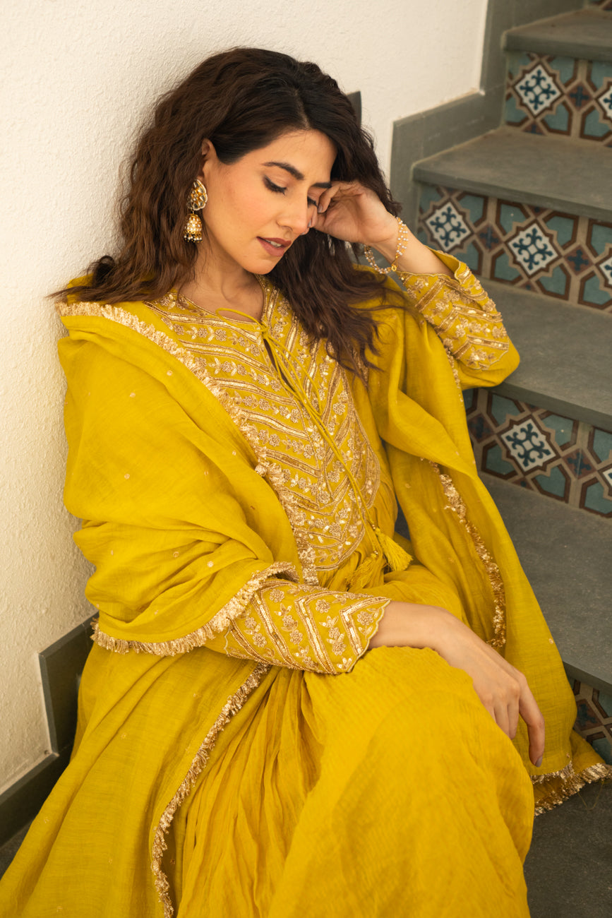 Lime mustard Tissue centre gathered A-line Kurta Set