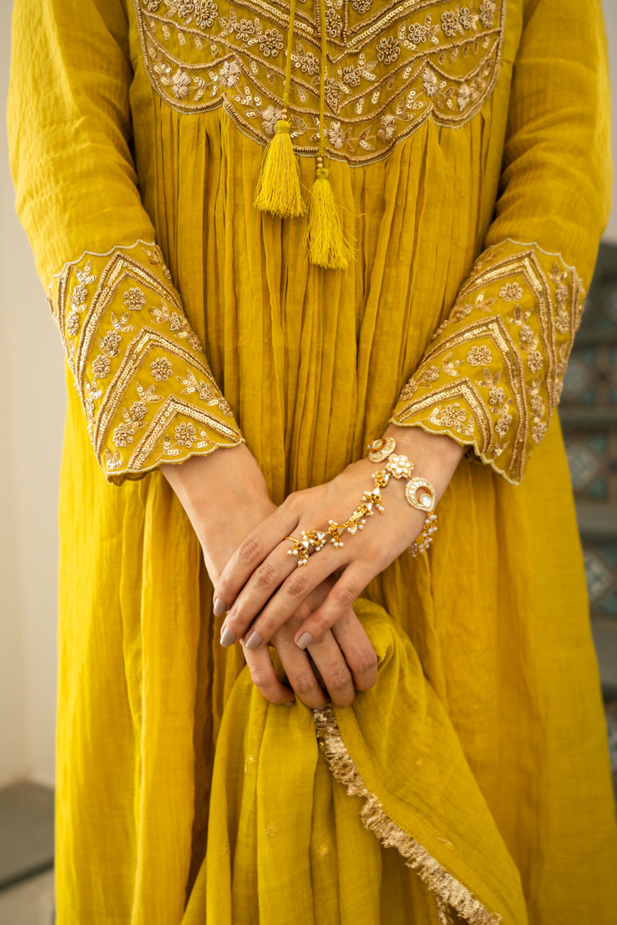 Lime mustard Tissue centre gathered A-line Kurta Set