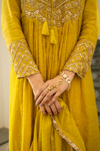 Lime mustard Tissue centre gathered A-line Kurta Set
