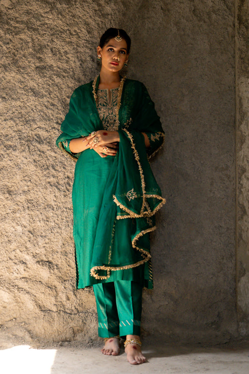 Bottle Green Marori Work Straight Kurta Set