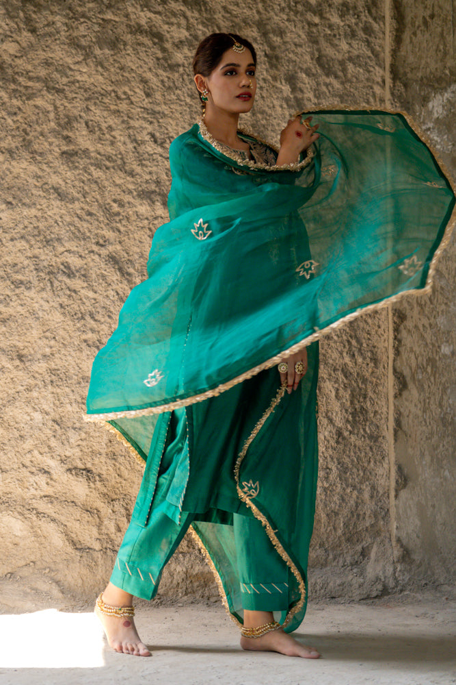 Bottle Green Marori Work Straight Kurta Set