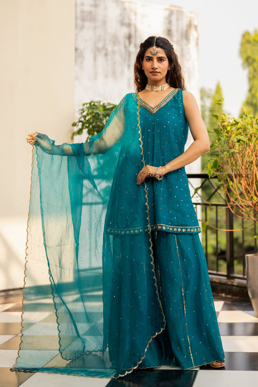 Teal Blue Sequinns Sharara set