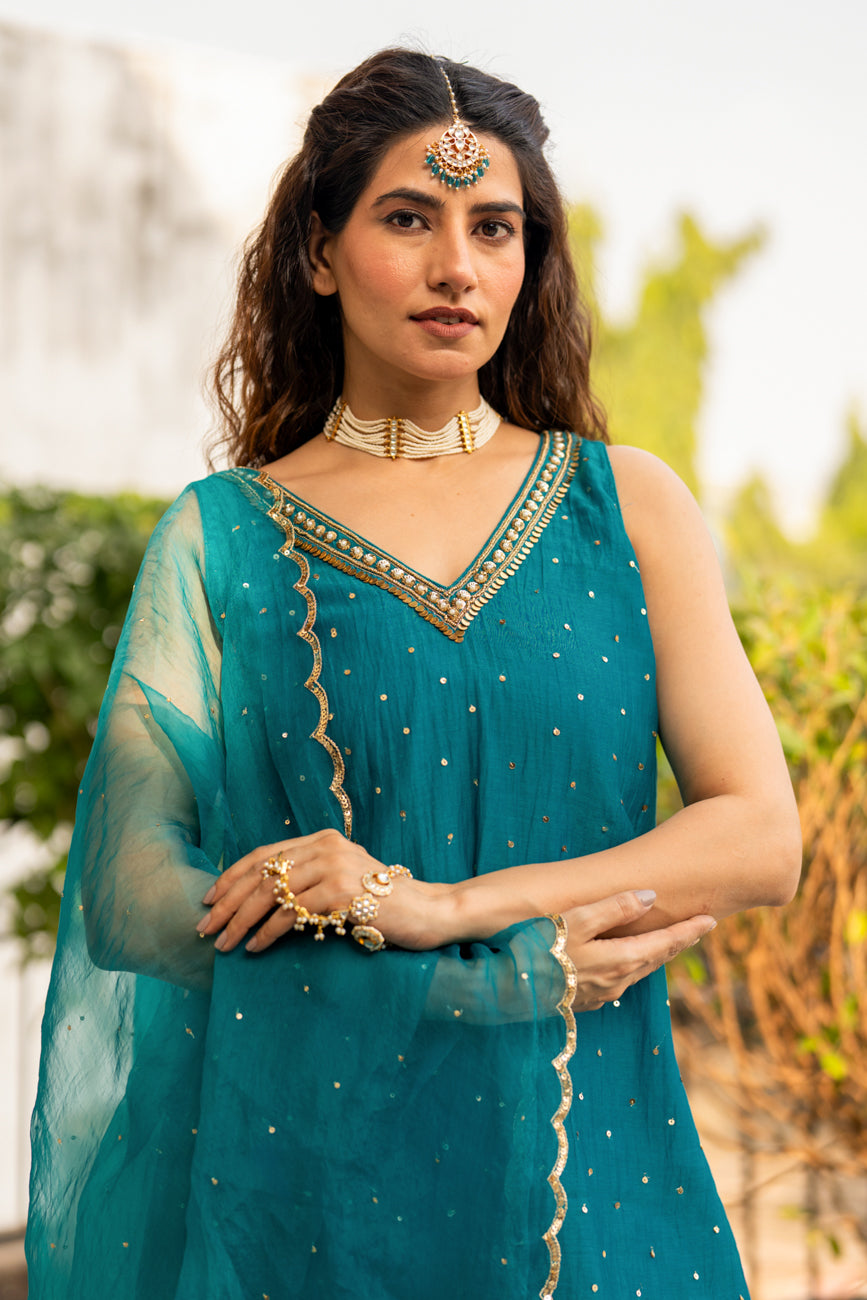 Teal Blue Sequinns Sharara set