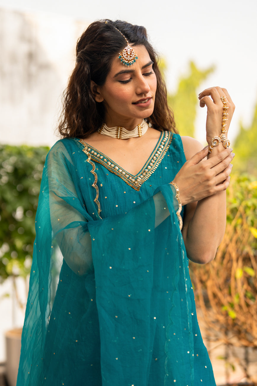 Teal Blue Sequinns Sharara set