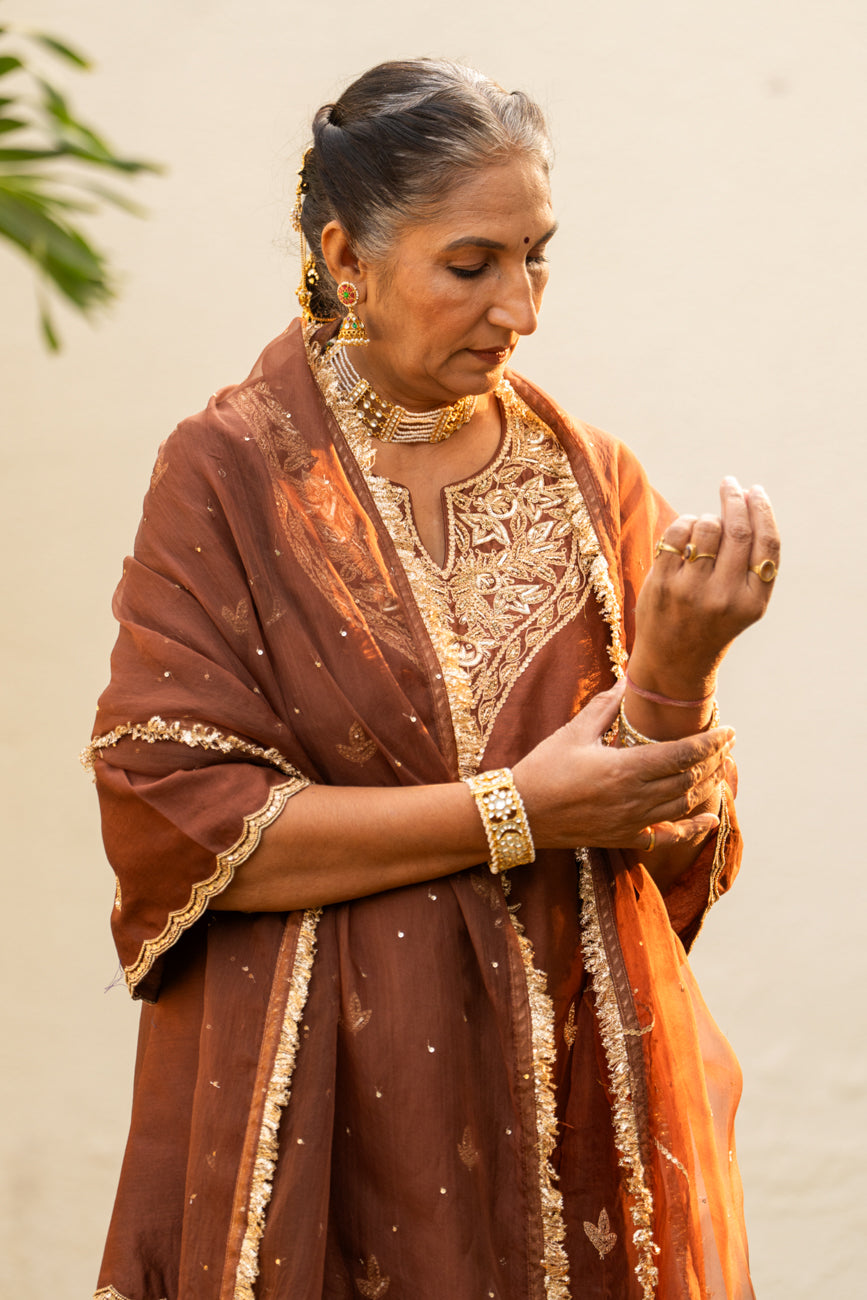 Brown moti daman sharara set