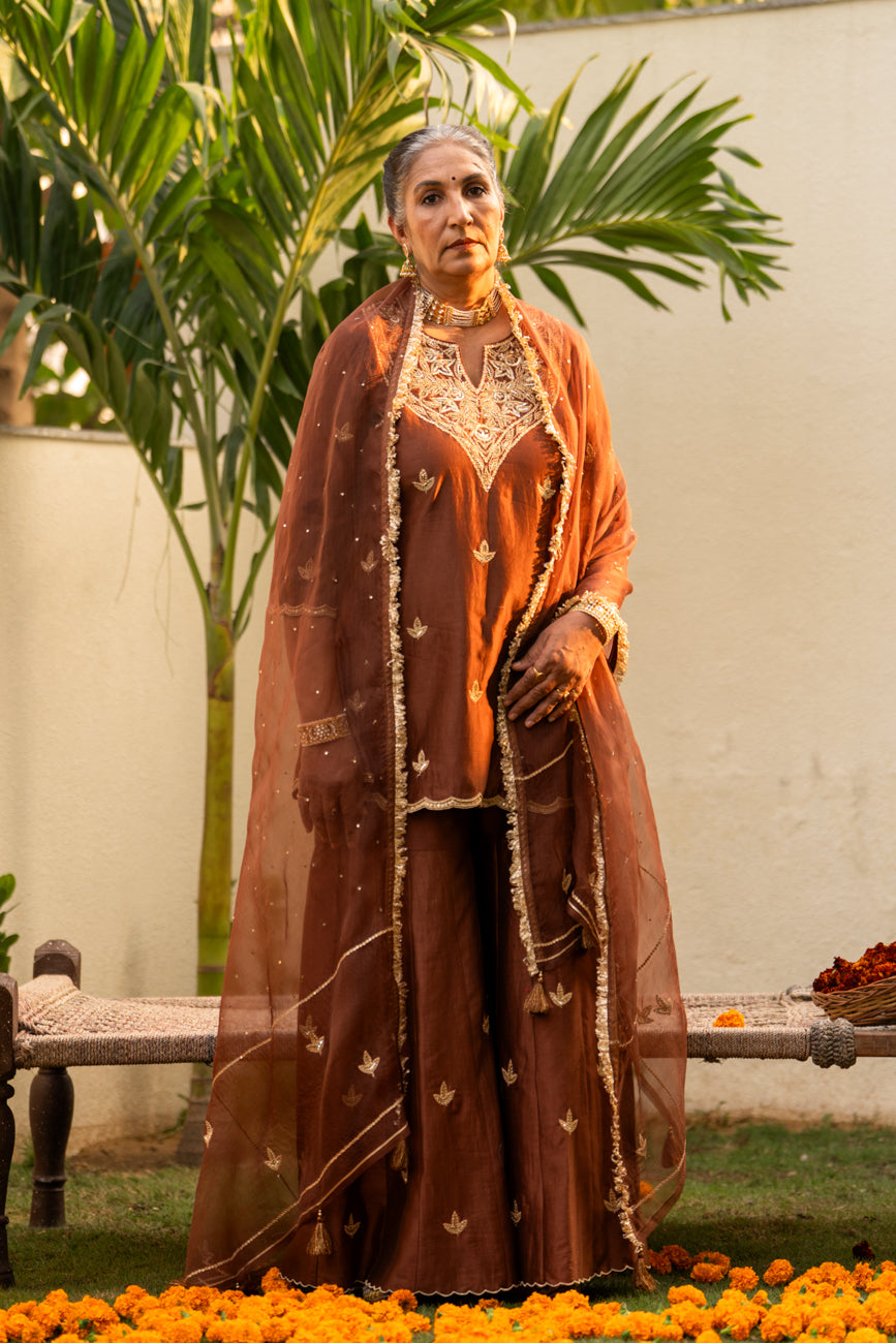 Brown moti daman sharara set