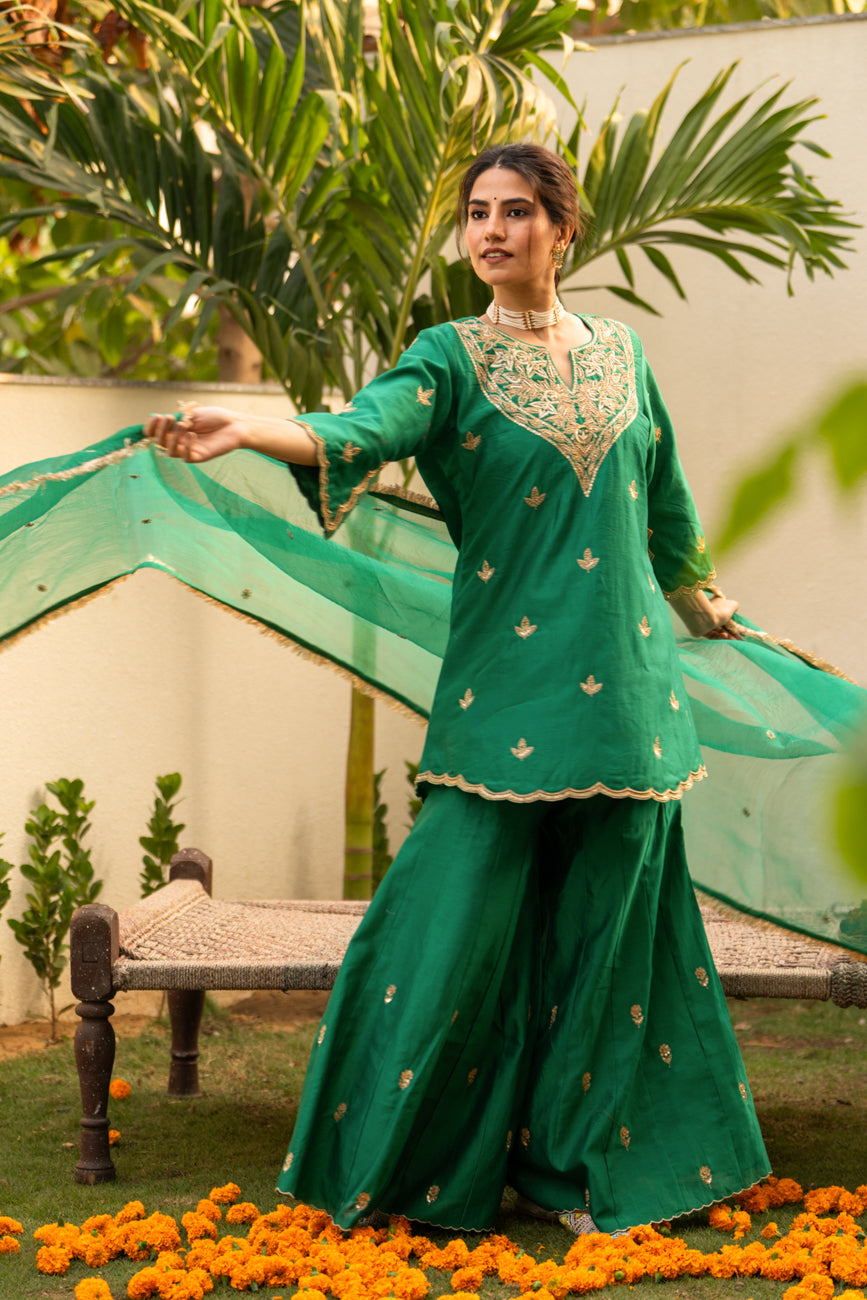 Green moti daman sharara set