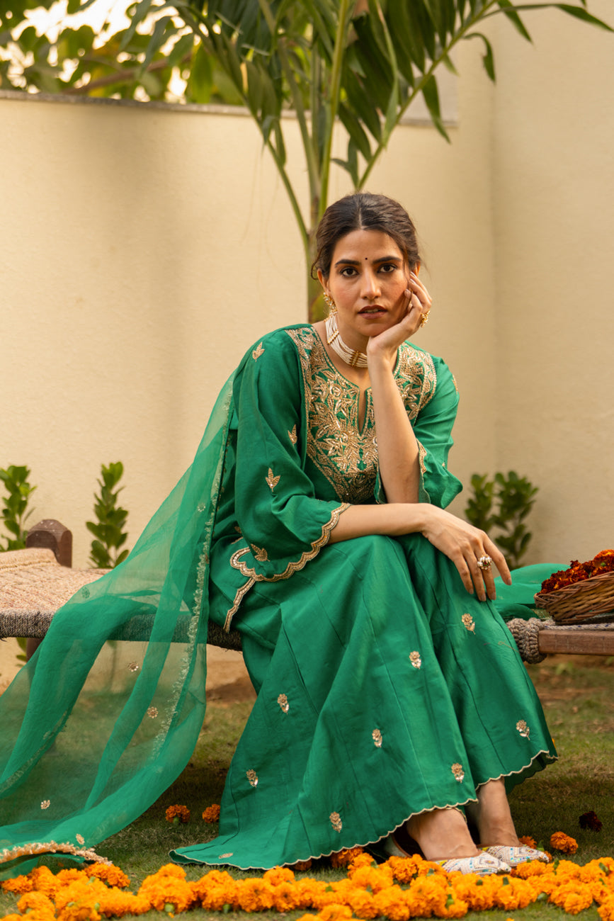 Green moti daman sharara set