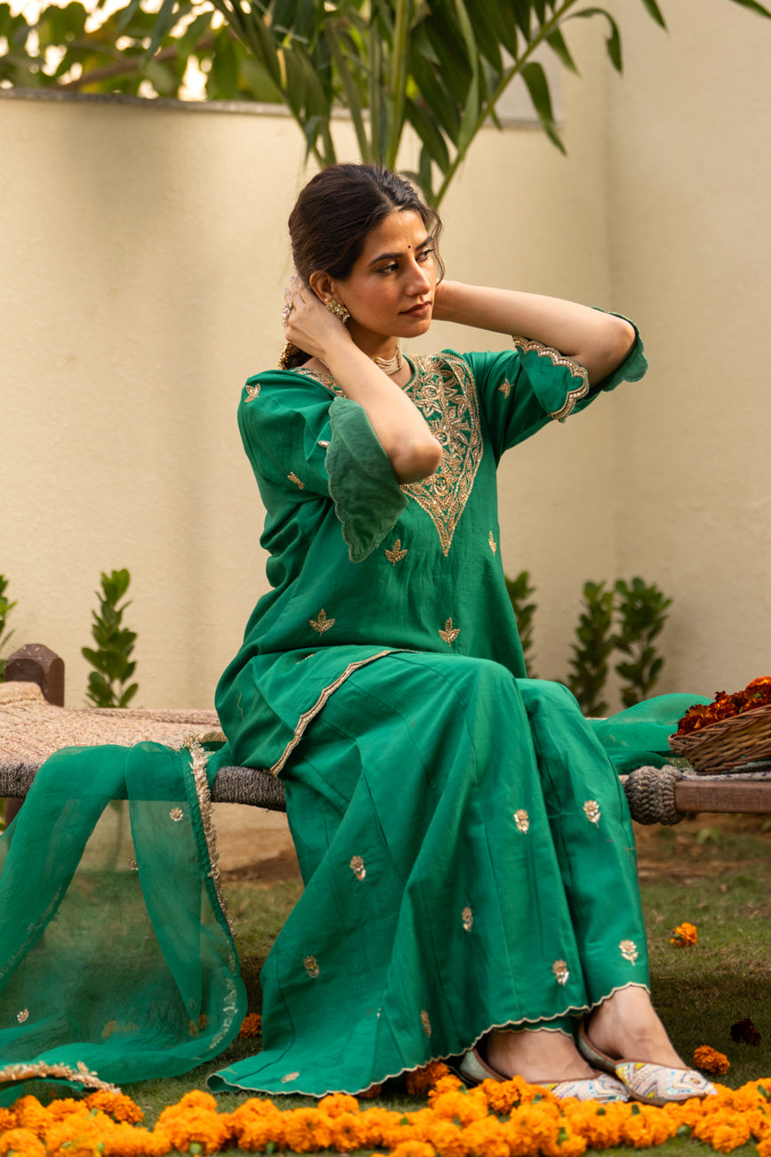 Green moti daman sharara set