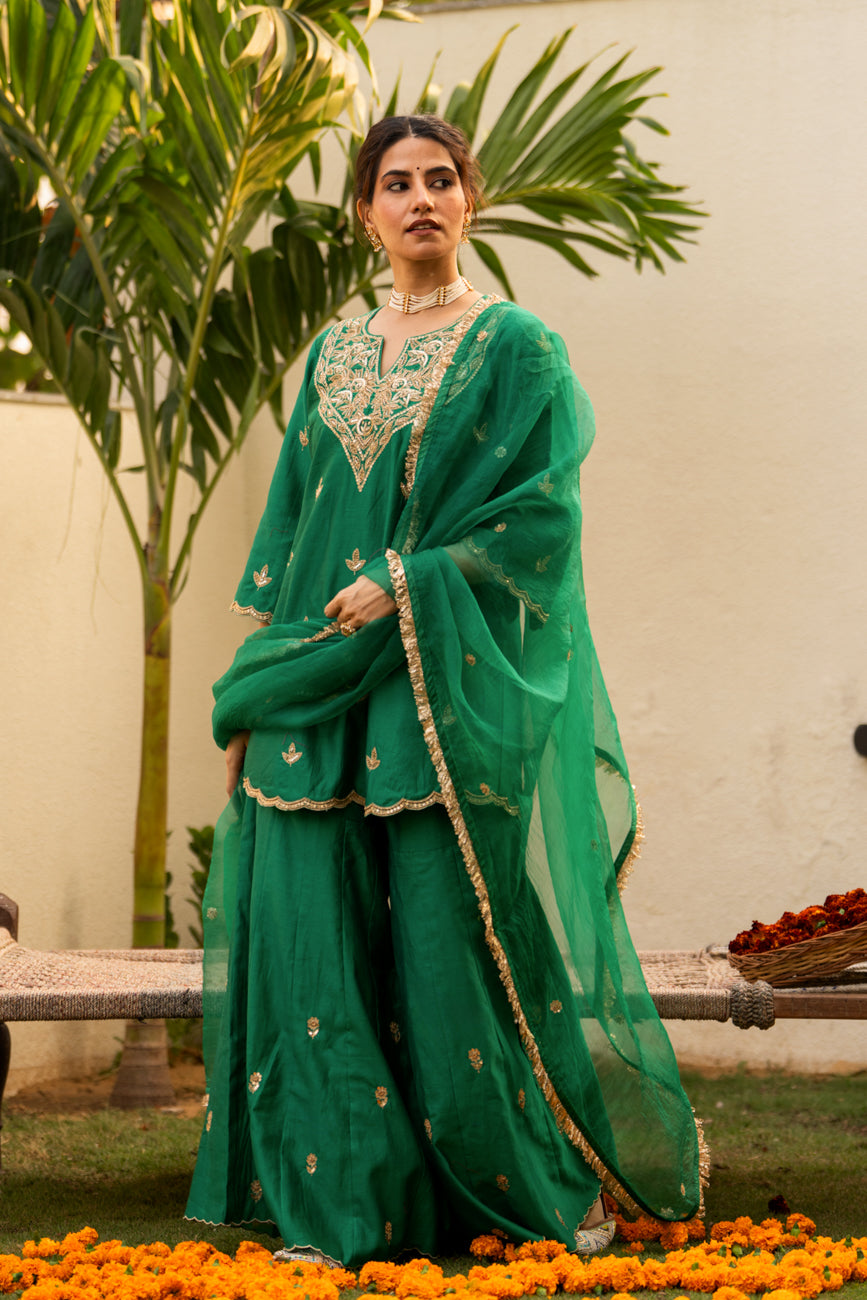 Green moti daman sharara set