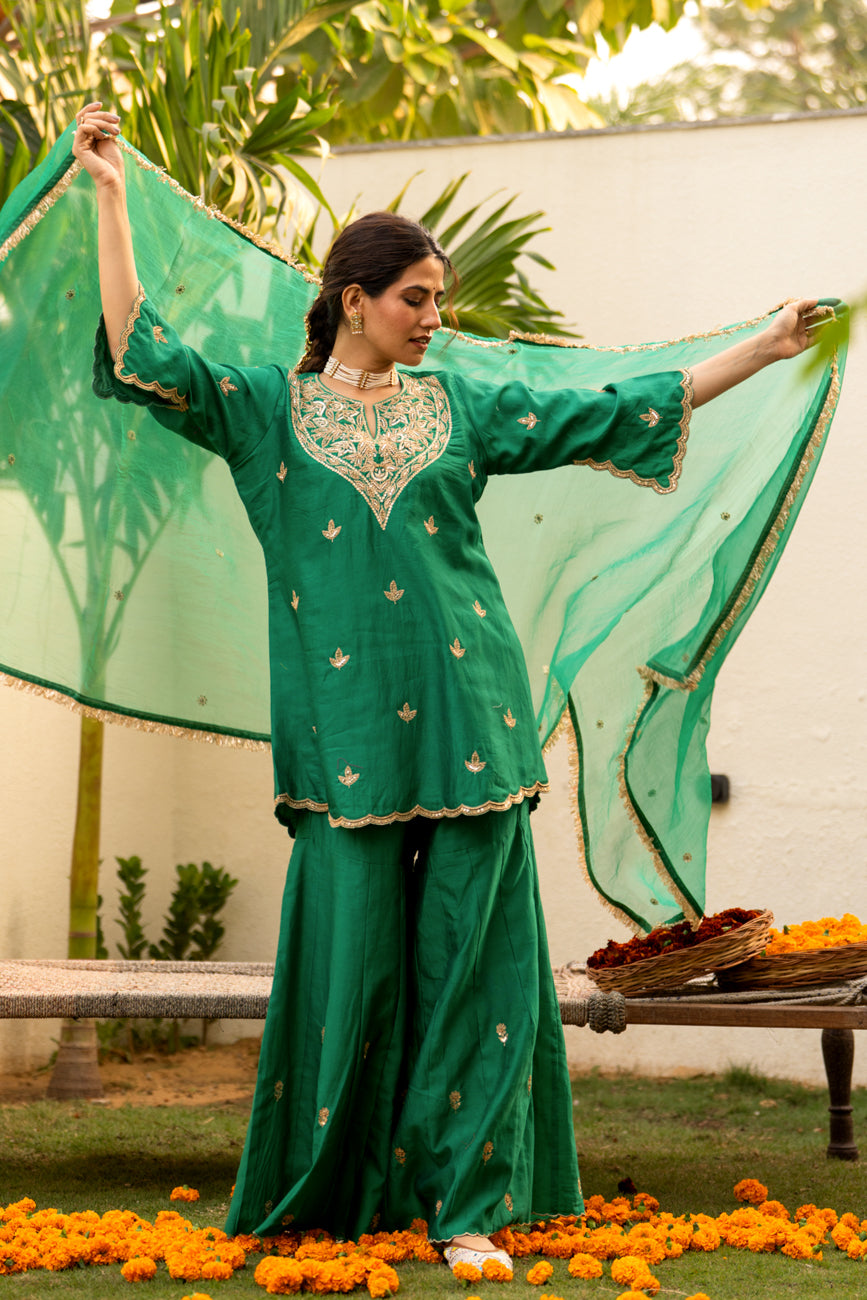 Green moti daman sharara set