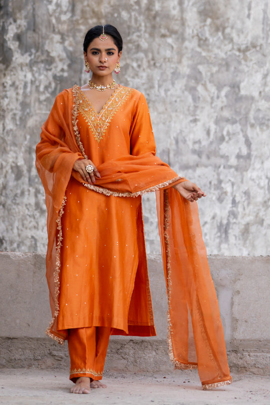 Neev Orange A-Line Suit Set