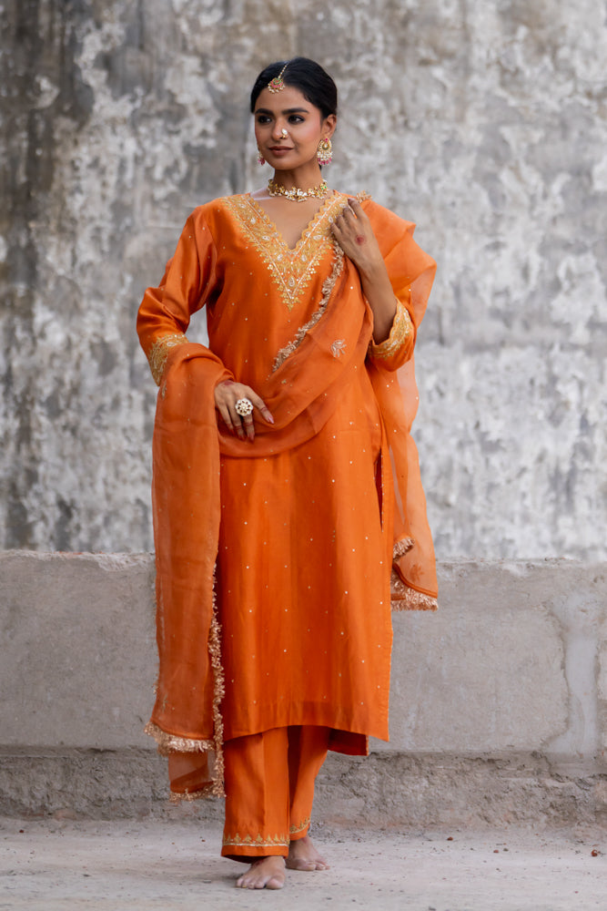 Neev Orange A-Line Suit Set