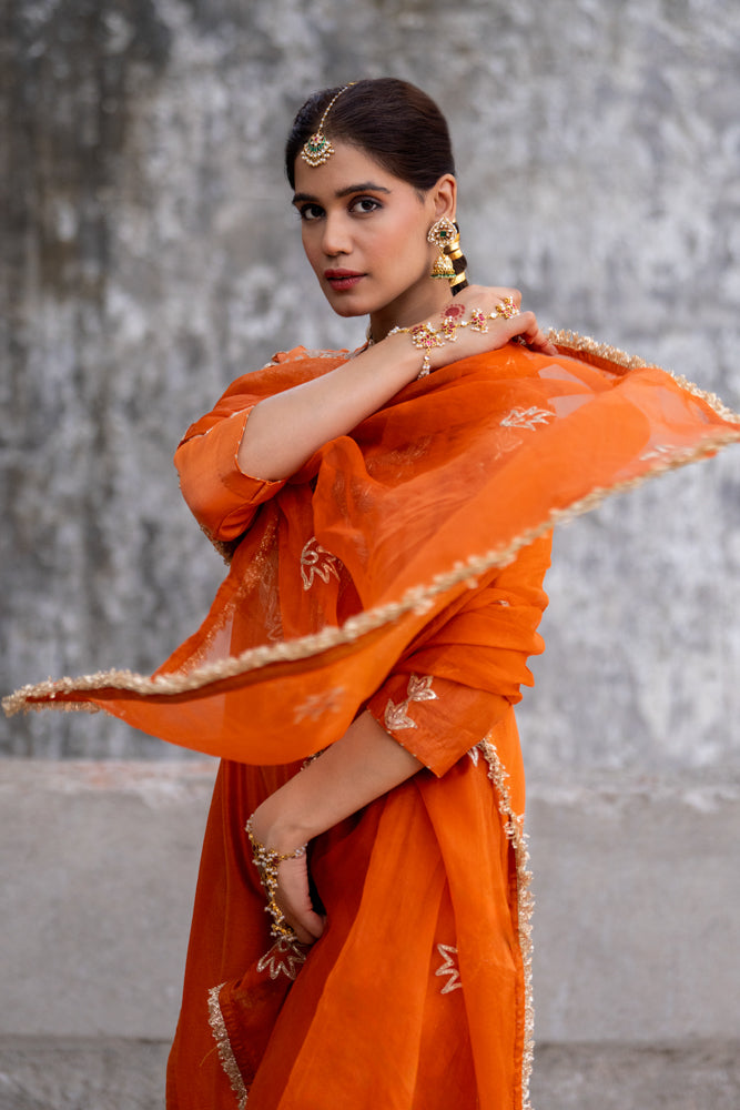 Orange Marori Work Straight Kurta Set