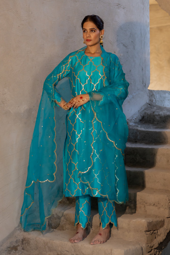 Firozi Gota Patti Jaal Work Straight Kurta Set