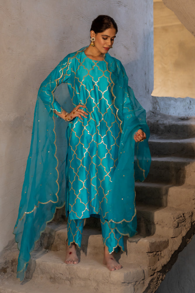Aqua Gota Patti Jaal Work Suit Set