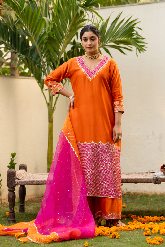 Orange Aari sequinns straight suit