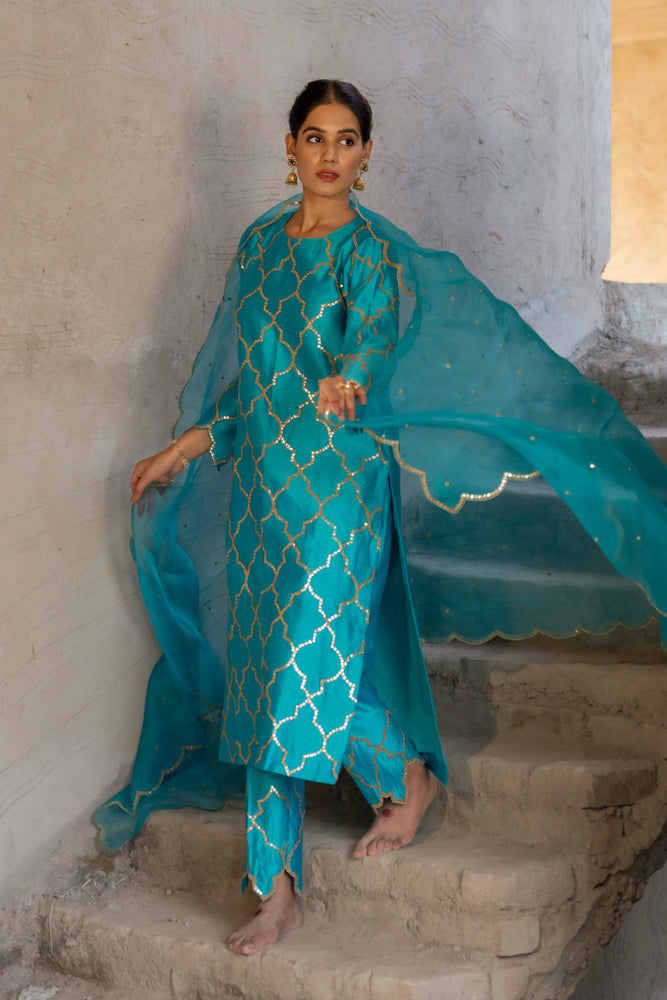 Firozi Gota Patti Jaal Work Straight Kurta Set