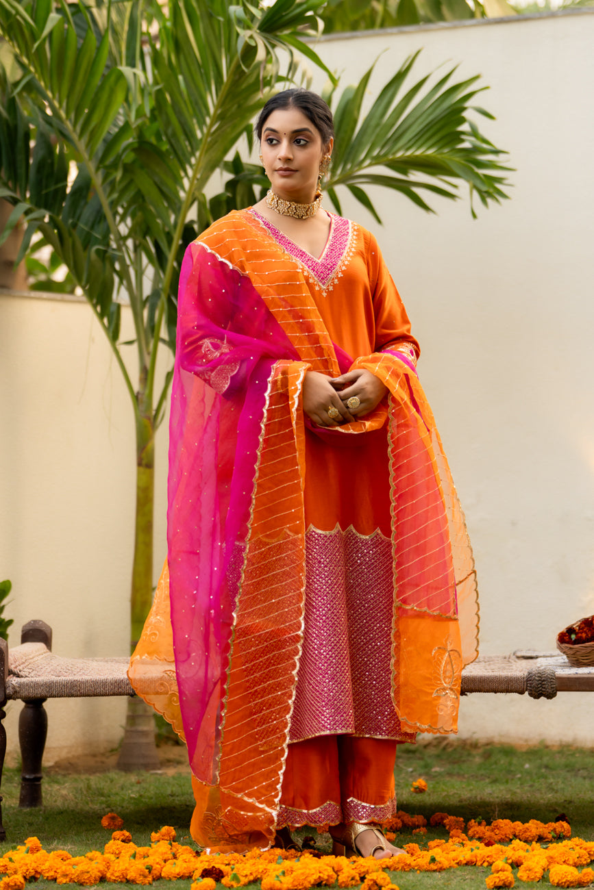 Orange Aari sequinns straight suit