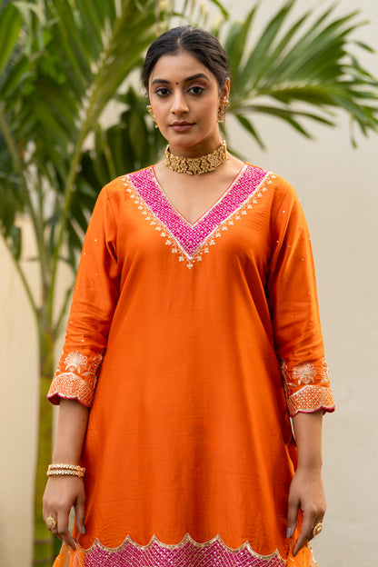 Orange Aari sequinns straight suit