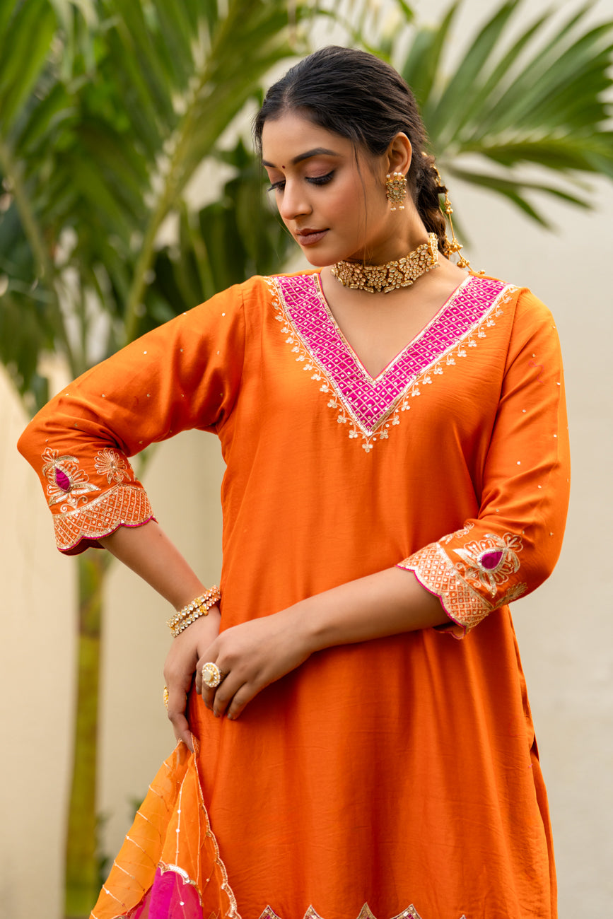 Orange Aari sequinns straight suit