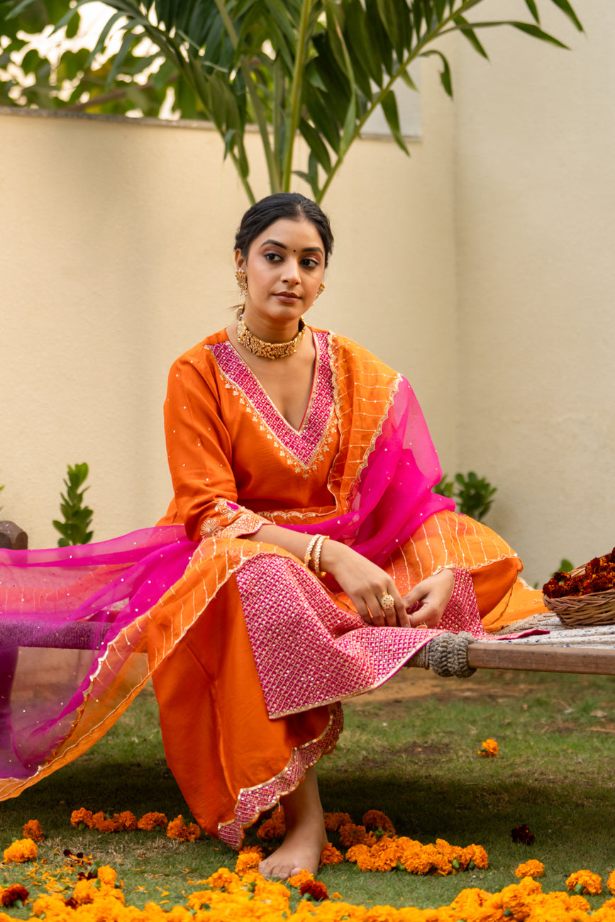 Orange Aari sequinns straight suit