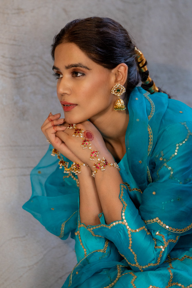 Firozi Gota Patti Jaal Work Straight Kurta Set
